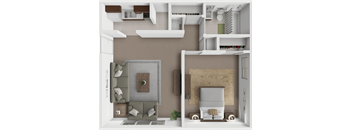 A modern, minimalist interior design of a small apartment with a kitchen, living room, and bedroom.