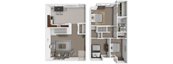 A floor plan of a two-story apartment with a living room, kitchen, and bedrooms.