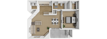 A top-down view of a modern apartment with a kitchen, living room, and bathroom.