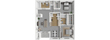 A 3D floor plan of a small apartment with a kitchen, living room, and bedroom.