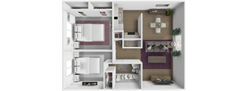 a rendering of a 1 bedroom floor plan with a living room and a dining room
