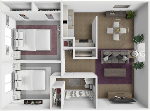 a rendering of a 1 bedroom floor plan with a living room and a dining room