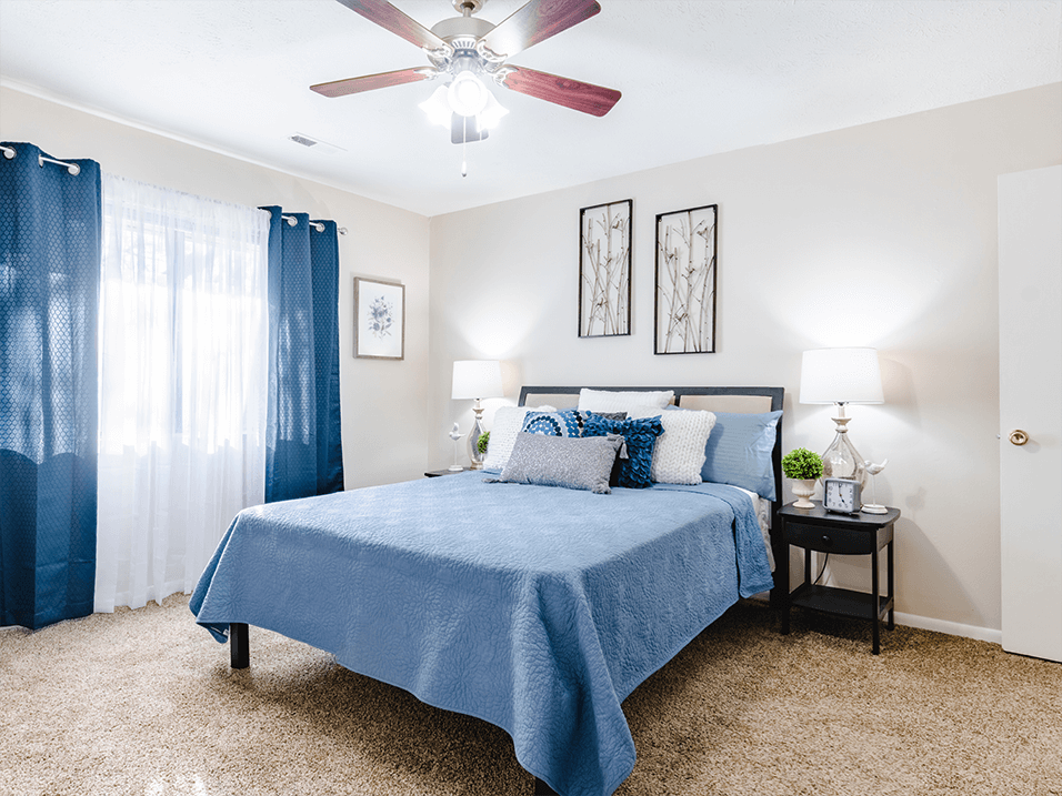 a bedroom with a bed and a ceiling fan