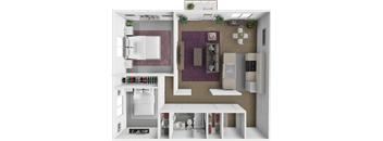 a 3d rendering of a bedroom with a kitchen and a living room