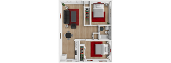 A top-down view of a living room with a couch, television, and a red rug.