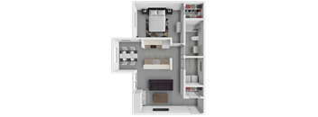 A top-down view of a small, well-organized apartment with a bedroom, living room, and kitchen area.