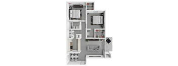 A 3D floor plan of a small apartment with a kitchen, living room, and bathroom.