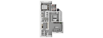 A 3D floor plan of a house with various rooms and furniture.