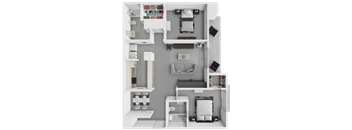 A top-down view of a small apartment with a kitchen, living room, and bedroom.