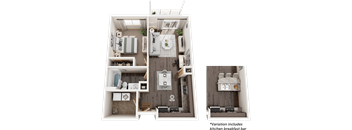 A 3D floor plan of a small apartment with a kitchen, living room, and bathroom.