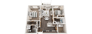 A 3D floor plan of a small apartment with a living room, kitchen, and bathroom.