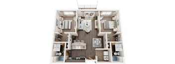 A top-down view of a small apartment layout with a living room, kitchen, and two bedrooms.