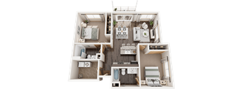 A detailed 3D floor plan of a small apartment layout.