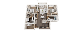 A detailed 3D floor plan of a two-bedroom apartment.