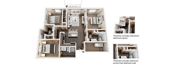 A diagram shows different layouts for a small apartment.