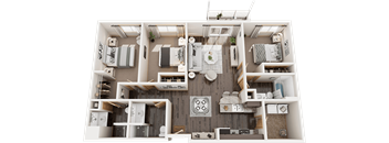 A 3D floor plan of a house with a kitchen, living room, and two bedrooms.