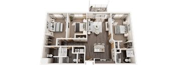 A detailed 3D floor plan of a house layout.