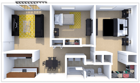 2 bedroom 1 bath floor plan at Pine Lake Manor apartments