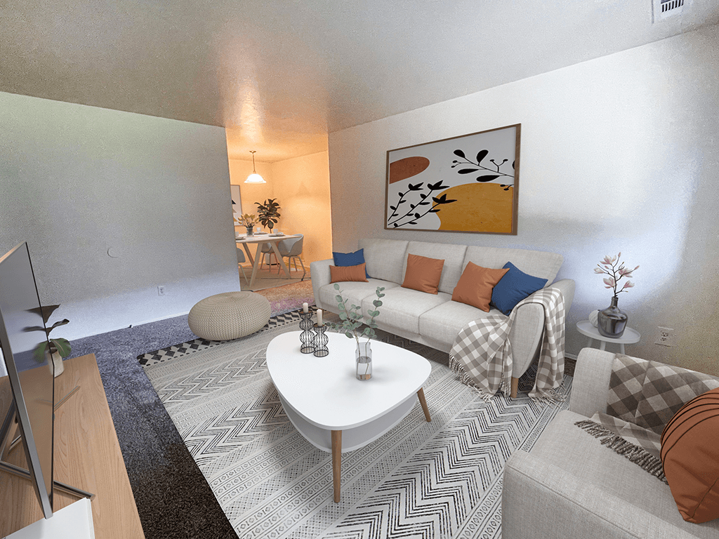 a living room with a couch and a table