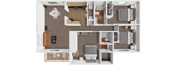 A top-down view of a modern apartment layout with a kitchen, living room, and bedrooms.