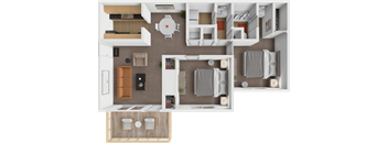 A top-down view of a modern apartment layout with a kitchen, living room, and bathroom.