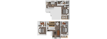 A top-down view of a two-bedroom apartment with a living room, kitchen, and bathroom.
