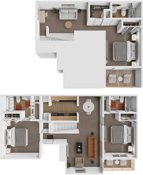 A top-down view of a two-bedroom apartment with a living room, kitchen, and bathroom.