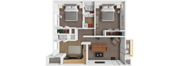 A 3D rendered image of a small apartment layout with two beds, a kitchen, a living room, and a bathroom.