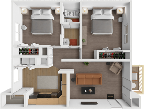 A 3D rendered image of a small apartment layout with two beds, a kitchen, a living room, and a bathroom.
