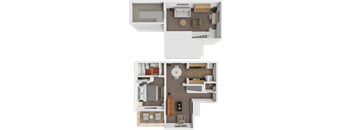 A top-down view of a two-story apartment layout.