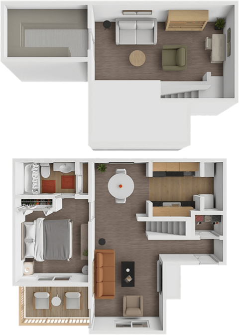 A top-down view of a two-story apartment layout.
