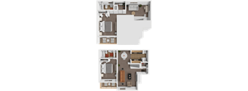 A floor plan of a two-story apartment with a living room, kitchen, and bedrooms.