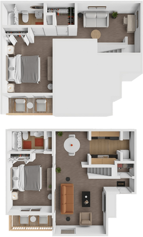 A floor plan of a two-story apartment with a living room, kitchen, and bedrooms.