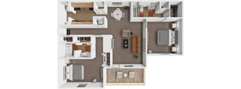 A top-down view of a small apartment with a kitchen, living room, and bathroom.