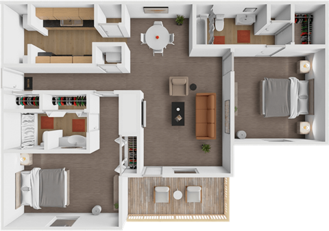 A top-down view of a small apartment with a kitchen, living room, and bathroom.