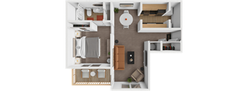 A top-down view of a modern apartment layout with a kitchen, living room, and bedroom.