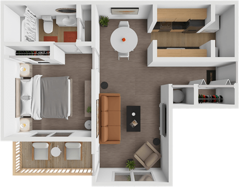 A top-down view of a modern apartment layout with a kitchen, living room, and bedroom.