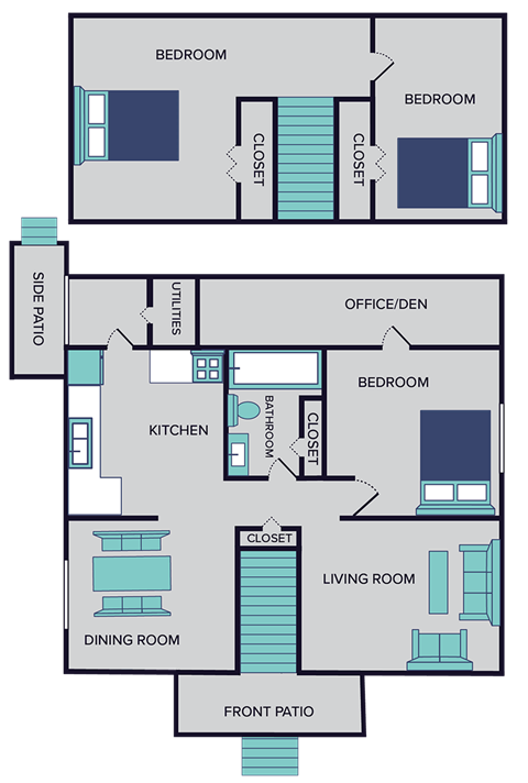 a floor plan of two bedrooms and a living room