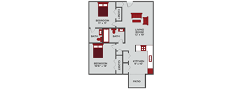Two bedroom one and a half bathroom floor plan at Ponderosa