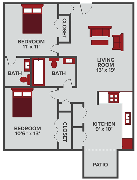 Two bedroom one and a half bathroom floor plan at Ponderosa