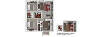 2 bed 1 and a half bath with bathroom and fireplace variations