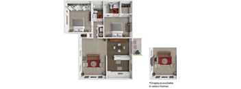2 bed 2 bath floor plan with fireplace in select homes