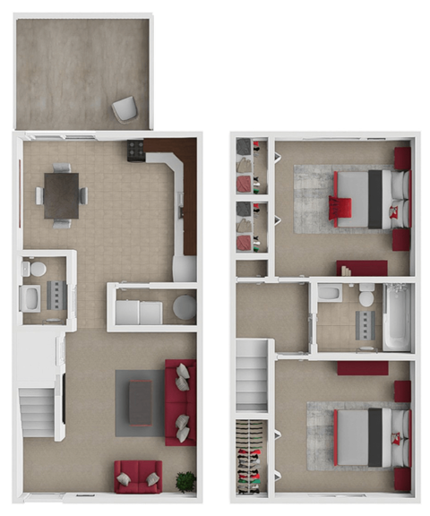 two views of a floor plan with two different views of the living room and kitchen