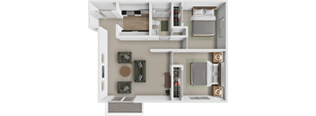 A 3D floor plan of a small apartment with a bedroom, living room, and kitchen.