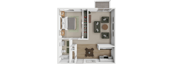 A top-down view of a small, neatly organized apartment with a bed, a couch, a chair, and a small kitchen area.
