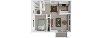 A 3D rendered image of a modern apartment layout.