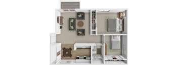 A 3D floor plan of a small apartment with a kitchen, living room, and bathroom.
