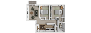A 3D rendered image of a small apartment layout.