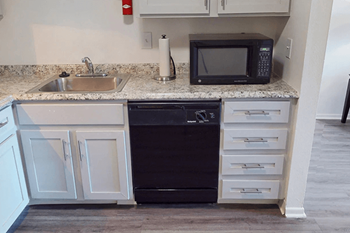 A black microwave is on a countertop above a dishwasher.