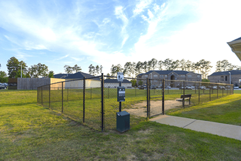 A black fence surrounds a green trash can in a grassy area.